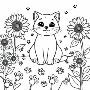 Cute cat with paw prints and sunflowers 
(Ms. Tiffany)