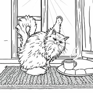 a printable black and white coloring page, high resolution Cat stretching in morning sunlight for Adults & Teens Featuring Bold And Easy Hygge Moments for Relaxation, a fluffy long-haired cat stretching with its back arched and tail high, its fur highlighted by streaks of early morning sun through a window, beside it a cozy woven rug and a steaming cup of tea,  warm beams of sunlight streaming through a rustic wooden window onto a soft cushioned floor, the atmosphere is peaceful, calm, and cozy with a soft start-of-day hygge vibe, Line Drawing, clean black ink lines with varied stroke widths to create depth and softness, rendered as a Fine Art Drawing on digital paper texture