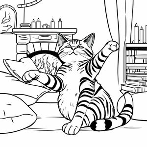 a printable black and white coloring page, high resolution Cat stretching in morning sunlight for Adults & Teens Featuring Bold And Easy Hygge Moments for Relaxation, a striped cat with one paw extended, stretching in front of a roaring fireplace, surrounded by pillows, books, and candles in a hygge-inspired nook, environment is warm, filled with flickering shadows and soft textures,  the feeling is intimate, safe, and deeply relaxed, Hatching Drawing, detailed cross-hatch techniques to build shadow and texture, realized as a Diagrammatic Drawing using digital ink brushes emulating traditional etching
