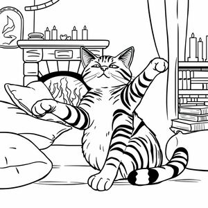 a printable black and white coloring page, high resolution Cat stretching in morning sunlight for Adults & Teens Featuring Bold And Easy Hygge Moments for Relaxation, a striped cat with one paw extended, stretching in front of a roaring fireplace, surrounded by pillows, books, and candles in a hygge-inspired nook, environment is warm, filled with flickering shadows and soft textures,  the feeling is intimate, safe, and deeply relaxed, Hatching Drawing, detailed cross-hatch techniques to build shadow and texture, realized as a Diagrammatic Drawing using digital ink brushes emulating traditional etching