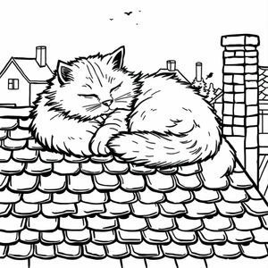 A high-contrast black and white line art illustration of a fluffy cat taking a peaceful nap on a rooftop. The cat is curled up in a cozy position, with detailed fur patterns, whiskers, and a relaxed expression. The rooftop has textured shingles, a chimney, and perhaps a small bird or two observing from a distance. The background includes simple outlines of houses or trees to add depth, but the focus remains on the cat. The style is clean, intricate, and suitable for a coloring page—no shading, only bold outlines. High resolution, minimalistic, and printer-friendly."