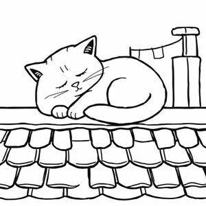 A high-resolution, black-and-white line art illustration of a cat taking a peaceful nap on a rooftop. The scene is simple and clean, designed as a coloring page with bold, clear outlines. The cat is curled up comfortably, with delicate details in its  whiskers, and relaxed expression. The rooftop has subtle textures like tiles or shingles, with maybe a small chimney or clothesline in the background for added interest. The style is whimsical yet realistic enough for coloring enthusiasts. No shading—only crisp, printable line work with smooth edges, suitable for adults. Ensure the composition is balanced, leaving some white space around the cat for easy printing and coloring.
