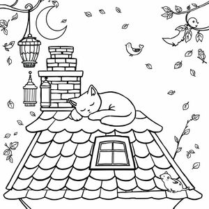 A highly detailed, intricate black-and-white line art illustration of a cozy cat napping on a rooftop, designed as a coloring page. The scene includes a whimsical rooftop setting with curled shingles, a brick chimney, and a crescent moon in the background. The cat is curled up peacefully, . Surrounding elements could include hanging lanterns, drifting leaves, a sleeping bird on a nearby perch, and a small mouse peeking out from a roof crack. The style should be clean, high-contrast, and suitable for coloring—with fine lines for shading and texture. No color, only black outlines on a white background. High resolution for crisp printing. 