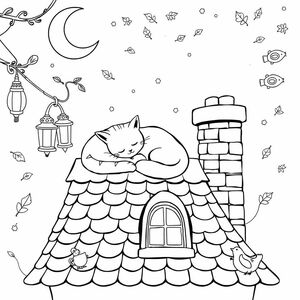 A highly detailed, intricate black-and-white line art illustration of a cozy cat napping on a rooftop, designed as a coloring page. The scene includes a whimsical rooftop setting with curled shingles, a brick chimney, and a crescent moon in the background. The cat is curled up peacefully, . Surrounding elements could include hanging lanterns, drifting leaves, a sleeping bird on a nearby perch, and a small mouse peeking out from a roof crack. The style should be clean, high-contrast, and suitable for coloring—with fine lines for shading and texture. No color, only black outlines on a white background. High resolution for crisp printing. Add fairy-tale elements like a tiny rooftop tea set beside the cat, fireflies glowing around the chimney, and a starry sky with constellations shaped like fish.