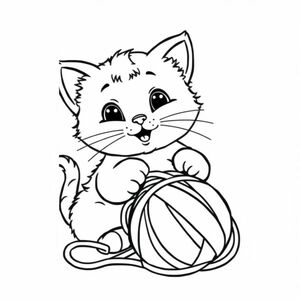 A chubby kitten playing with a ball of yarn, simple bold lines, no shading, high-contrast black and white