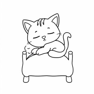 Cartoon cat sleeping in a tiny bed, whimsical style, clean outlines for coloring