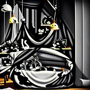 beautiful room Cartoon 2 cat sleeping in a tiny bed, whimsical style, clean outlines for coloring