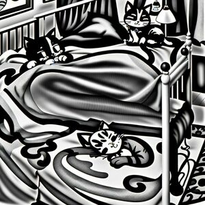 beautiful creative room Cartoon cat sleeping in a tiny bed, whimsical style, clean outlines for coloring