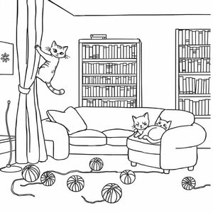 coloring book page, white background, sketch style, only use outline, cartoon style, line art, clean line art like tip season, cats in a living room, one climbing the curtains, another curled up on a couch, yarn balls scattered on the floor, bookshelf in the background.