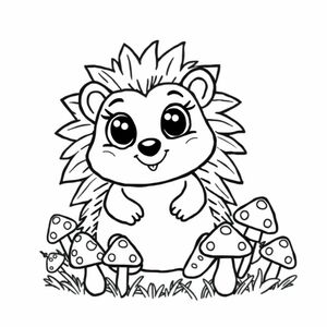 A happy hedgehog with big eyes, surrounded by tiny mushrooms, thick outlines, easy to color
