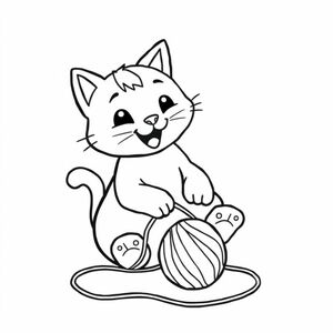 Bold coloring page, black and white outline, cartoon style cat playing with yarn, thick lines, simple shapes, white background, no shading, clean vector look