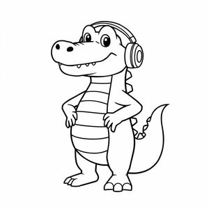 Create bold line art of Vector the Crocodile wearing headphones, standing confidently. Use simple shapes and thick outlines.

