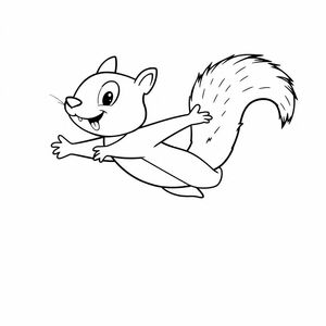 Create a playful line art of Ray the Flying Squirrel mid-glide with his tail spread wide. Use thick lines and minimal background.

