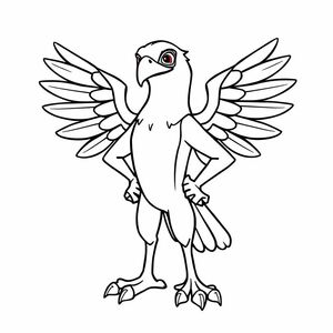 Create sleek line art of Jet the Hawk standing confidently with wings slightly spread. Use bold outlines and clean shapes.

