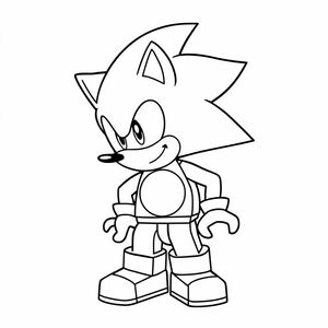 Create a Create a clean black-and-white line art of Lego Sonic, with clear geometric shapes and bold outlines.

