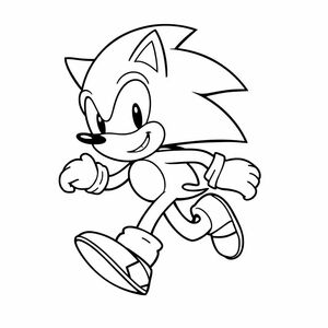 Draw a classic black-and-white line art of Sonic the Hedgehog in a fun running pose. Use thick outlines and simple shapes for easy coloring. Background should be plain or have a subtle ground line