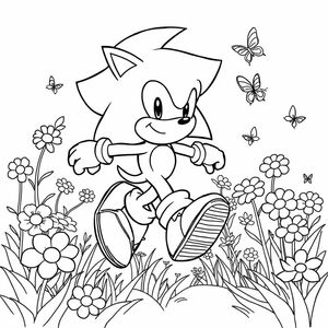 "Sonic the Hedgehog chạy qua một khu vườn những bông hoa và bướm đầy màu sắc",
