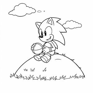 "Sonic sitting on a grassy hill playing with a ball and clouds in the sky",