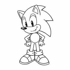 Create a vintage-style line art of Classic Sonic with his rounded body and simple shoes. Pose him standing or smiling, using bold outlines suitable for children to color easily.

