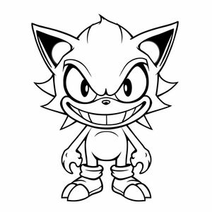 Create a spooky but kid-friendly line art of Sonic Exe, emphasizing glowing eyes and a sinister grin. Use bold outlines and keep the drawing suitable for coloring.

