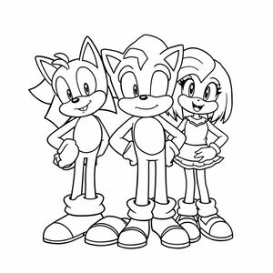 Create a group line art of Sonic with his friends like Tails, Knuckles, and Amy, standing together smiling. Use bold outlines and clear separations between characters.


