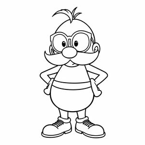 Create a bold black-and-white line art drawing of Doctor Eggman standing confidently, featuring his iconic round glasses, large mustache, and round body. Use thick, clear outlines with minimal internal detail to keep it easy to color. Background should be simple or plain.


