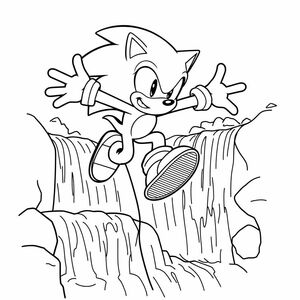 Draw a dynamic black-and-white line art of Sonic mid-jump off a waterfall set in Angel Island. Show Sonic with his classic pose, arms extended, and legs bent as if in motion. Include simple outlines of the waterfall and rocks in the background, but keep them minimal to focus on Sonic.

