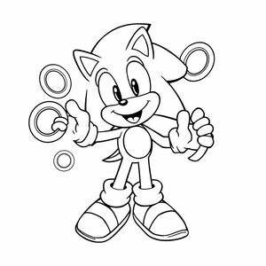 Create a clean line art image of sonic playing with rings. sonic should be in a joyful pose with bold outlines. rings should be simple circles with clear space between for easy coloring. background minimal.
