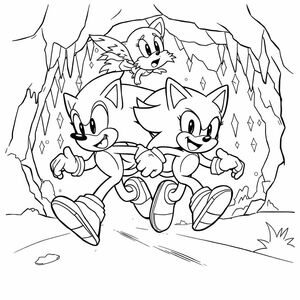 Create a black-and-white line art showing Sonic racing alongside Tails in Mystic Cave. Both characters should be in motion poses, smiling and energetic. The background should include minimal cave elements like stalactites or crystals, lightly sketched.

