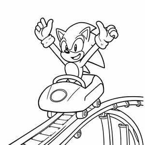 Create an action line art of Sonic riding a roller coaster, arms raised with excitement. Include simple outlines of the coaster tracks and cars, but keep the focus on Sonic. Use bold lines and keep details minimal for easy coloring.

