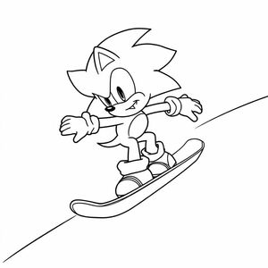 Draw Sonic snowboarding down a slope, leaning forward in an energetic pose. Snow and slope lines should be simple outlines. Sonic’s snowboard and outfit should have clear, bold lines with separated coloring areas.

