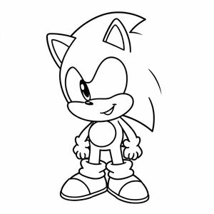 Create an adorable, simplified line art of Sonic in a cute, chibi style with big eyes and a playful smile. Keep shapes round and outlines bold.

