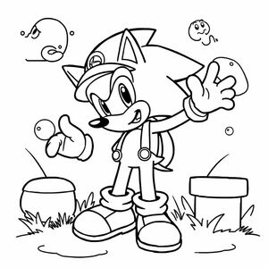 Create a fun crossover line art of Sonic exploring the Mario universe, with simple elements like mushrooms or blocks around him. Keep outlines bold and easy to color.

