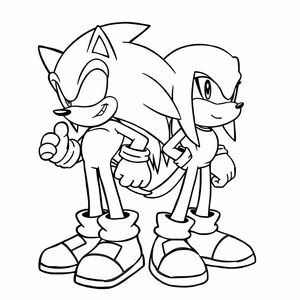 Create a dynamic line art of Sonic and Knuckles side by side, showing their distinct personalities with bold outlines.


