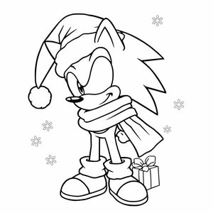 Create a festive line art of Sonic wearing a Santa hat or scarf, with holiday decorations like snowflakes or gifts lightly outlined.

