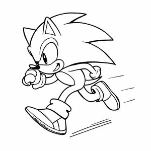 Draw Sonic in a full sprint, emphasizing speed with motion lines and bold outlines. Background minimal.

