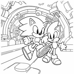 Create a set of three black-and-white line art coloring pages featuring Sonic the Hedgehog in iconic poses and scenes inspired by the classic Sonic 3 game. Each page should have bold, clean outlines and minimal shading to make coloring easy for kids.

Sonic Running Through the Launch Base Zone:
Show Sonic sprinting fast with motion lines, in a mechanical-themed environment. Include simple background elements like gears or platforms with clear sections.

Sonic and Tails Together:
Draw Sonic side-by-side with Tails, both smiling and ready for adventure. Use bold outlines, simple features, and no complex background to keep focus on characters.

Sonic vs. Dr. Robotnik (Eggman):
Create a dynamic scene of Sonic facing off against Dr. Robotnik with his classic egg-shaped vehicle. Use bold line art for both characters and minimal background details.

All pages should be sized for standard US Letter (8.5" x 11") or A4 paper, with clear spaces between sections for easy coloring
