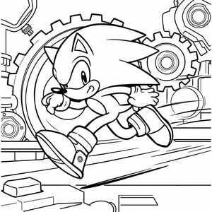 Show Sonic sprinting fast with motion lines, in a mechanical-themed environment. Include simple background elements like gears or platforms with clear sections