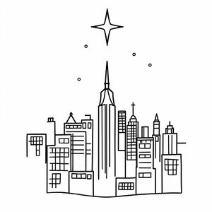Black and white coloring page of Silent Night Skyline – Simple cityscape with a star on top, thick bold outlines, simple design, no shading, high contrast, cartoon style, easy  to color, plain white background