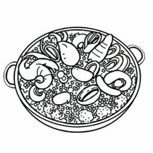 Black and white coloring page of Paella with Seafood , thick bold outlines, simple design, no shading, high contrast, cartoon style, easy  to color, plain white background