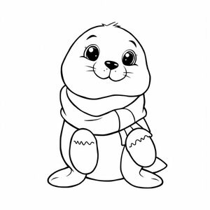 Seal pup wearing a winter scarf and mittens