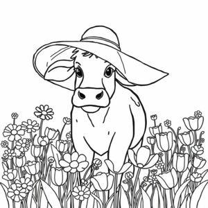 Cow wearing a big floppy sunhat, standing in a flower field
