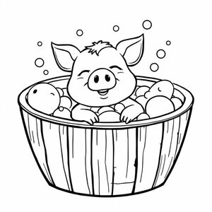 Pig relaxing in a bubble bath inside a wooden tub