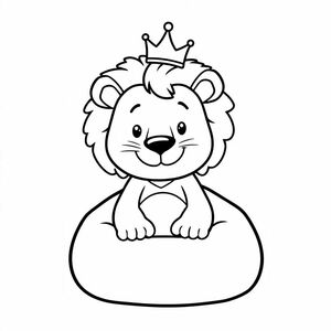 lion wearing a tiny crown and sitting on a bean bag chair,
