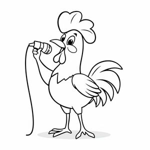 rooster singing into a microphone, cute and funny cartoon style, bold thick outlines, simple clean vector coloring book line art, no shading, high contrast, white background