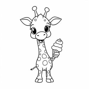 giraffe eating an ice cream cone, cute and funny cartoon style, bold thick outlines, simple clean vector coloring book line art, no shading, high contrast, white background