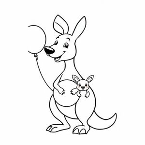 kangaroo with a joey holding a balloon, cute and funny cartoon style, bold thick outlines, simple clean vector coloring book line art, no shading, high contrast, white background