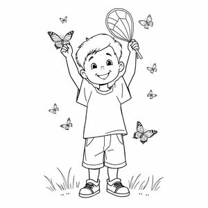 little boy catching butterflies in a net show both arms