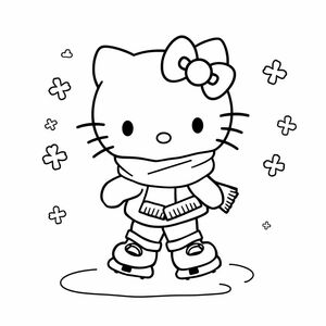 Tạo một bản vẽ nghệ thuật đường nét của Hello Kitty trượt băng với khăn quàng cổ và giày trượt. Băng phải có các đường cong nhẹ nhàng để thể hiện chuyển động. Hình ảnh phải là đen trắng không có màu. Nhân vật phải có đường viền đậm và đổ bóng tối thiểu. Nền nên bao gồm những bông tuyết đơn giản. Hình ảnh phải có độ phân giải cao, 8.5 × 11 inch (Kích thước Letter) phù hợp để in.
