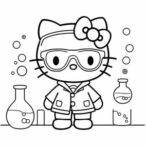 Tạo một bản vẽ nghệ thuật đường nét của Hello Kitty với tư cách là một nhà khoa học đeo kính phòng thí nghiệm, với cốc và bong bóng xung quanh cô ấy. Hình ảnh phải là đen trắng không có màu. Nhân vật phải có đường viền đậm và đổ bóng tối thiểu. Nền nên có một bảng phòng thí nghiệm đơn giản. Hình ảnh phải có độ phân giải cao, 8.5 × 11 inch (Kích thước Letter) phù hợp để in.
